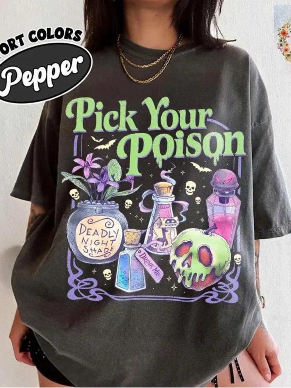 Pick Your Poison Graphic Tee - Charcoal with Neon Green & Purple Print